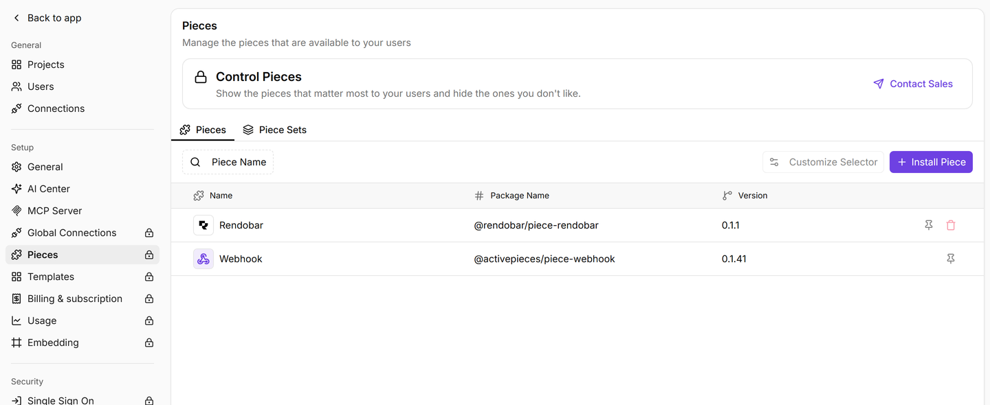 The Pieces screen in Activepieces platform settings. A table lists Rendobar, package name @rendobar/piece-rendobar, version 0.1.1, alongside the Webhook piece from Activepieces itself.