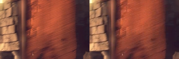 Two crops of the same frame of Sintel at native resolution, a brick wall with a red banner. Left is the 47.7 MB source, right is the 19.4 MB output. The brick texture and banner folds look the same in both.