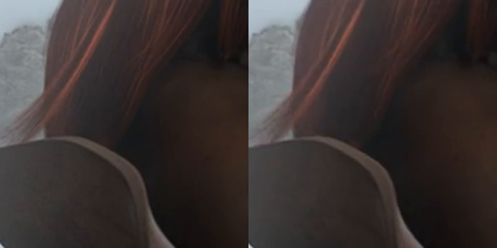 Two crops of the same frame of the vertical Sintel clip at native resolution, showing strands of red hair against a snowy background. Left is the source, right is the output under 16 MB. Hair strands and the snow texture look the same in both.