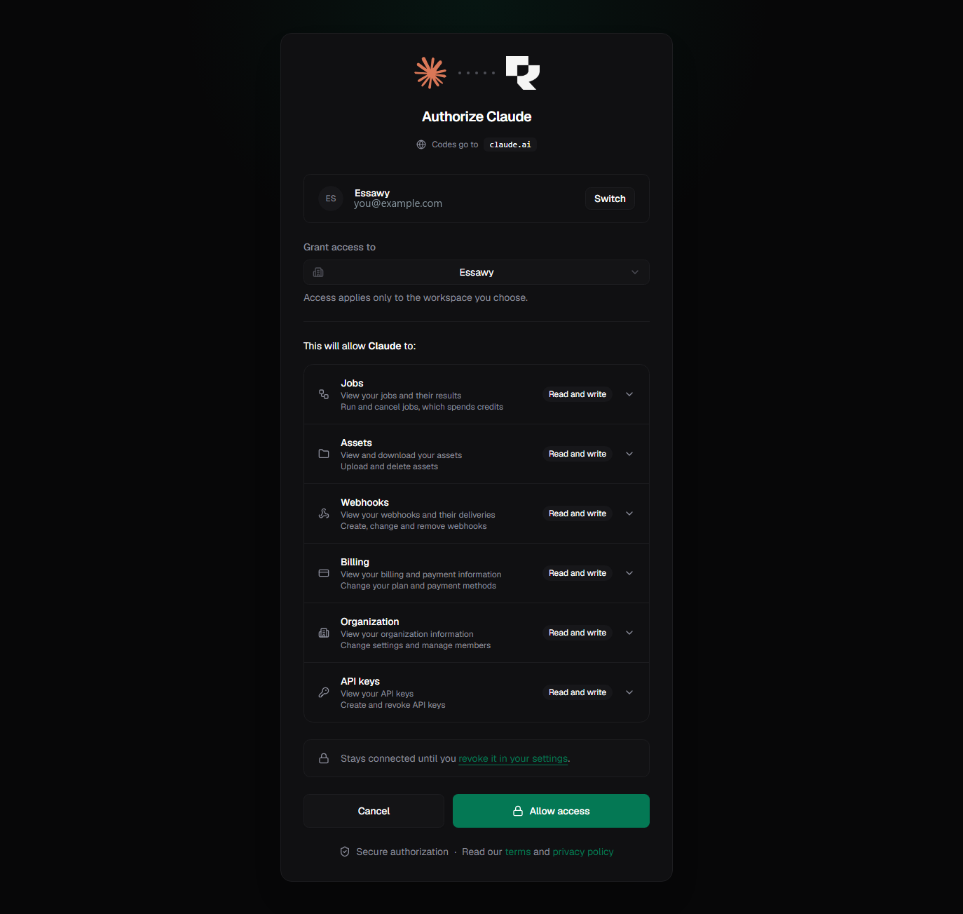 The Rendobar consent screen authorizing Claude. It shows the Claude icon, the line 'Codes go to claude.ai', a workspace picker, and six permission rows for Jobs, Assets, Webhooks, Billing, Organization and API keys, each set to Read and write.