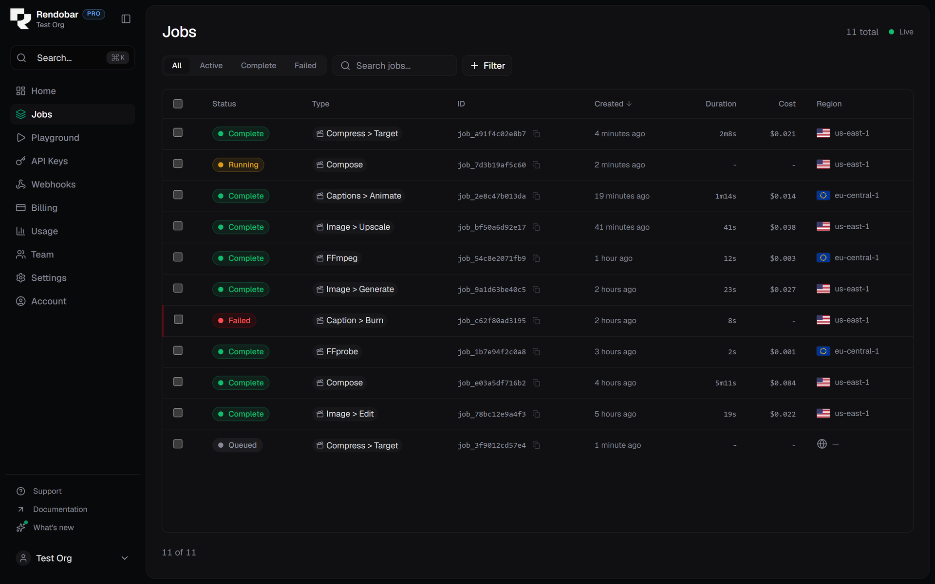 The Rendobar dashboard Jobs page: a table of eleven jobs with status pills, job type, id, created time, duration, cost and region, above status filter tabs and a search box.