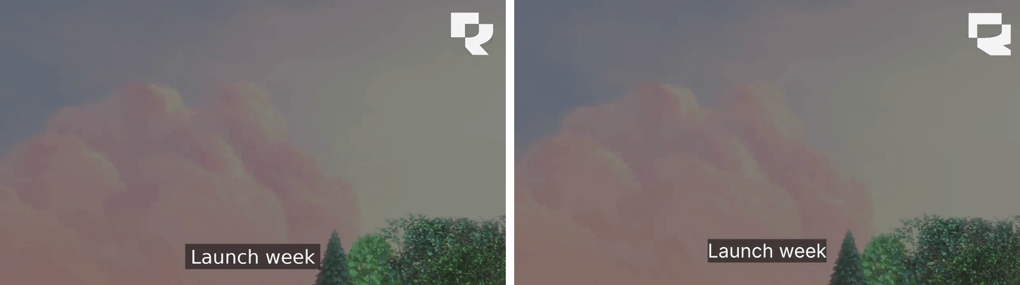 Two frames from half a second into the rendered video, side by side. Both show a dusky sky over clouds and trees, the white Rendobar mark in the top right corner and the words Launch week on a dark translucent bar near the bottom. The left title uses DejaVu Sans, the right one a narrower sans.