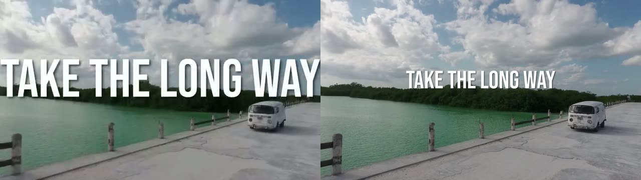 Two frames side by side at the same display size. On the left, the 640 by 360 draft with the title TAKE THE LONG WAY spanning the whole width. On the right, the 1080p render with the same title at about half the width