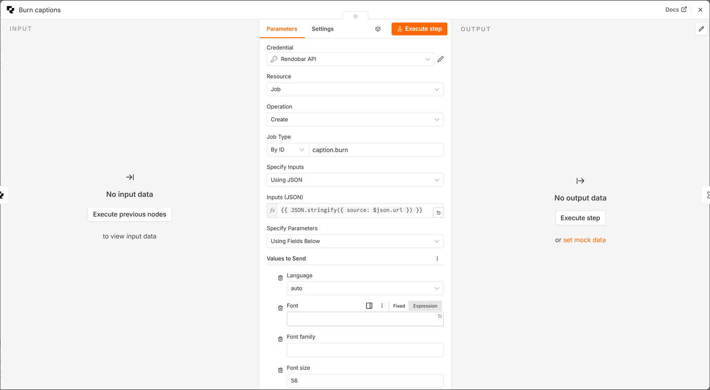 The Rendobar node panel in n8n. Resource is Job, Operation is Create, Job Type is caption.burn. Inputs are given as JSON from the previous node's url. Under Values to Send, Language is auto, Font and Font family are empty, and Font size is 56.
