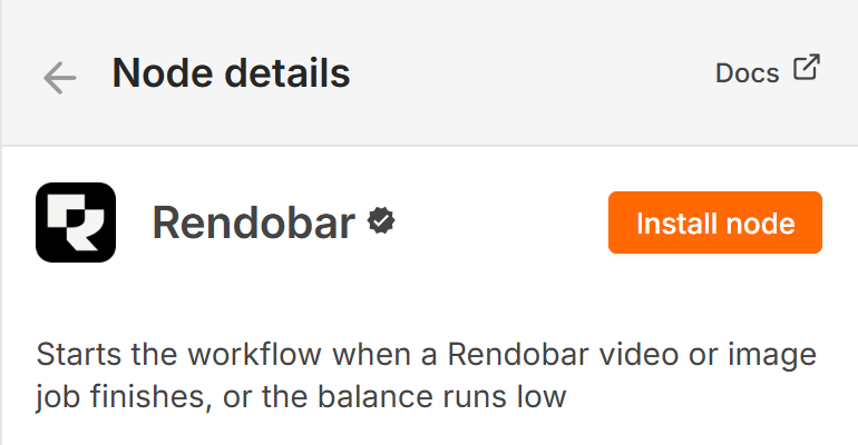 The n8n node details panel for Rendobar on an instance where it is not installed yet. The Rendobar icon and a verified badge sit next to the name, an orange Install node button sits to the right, and below them is the description.