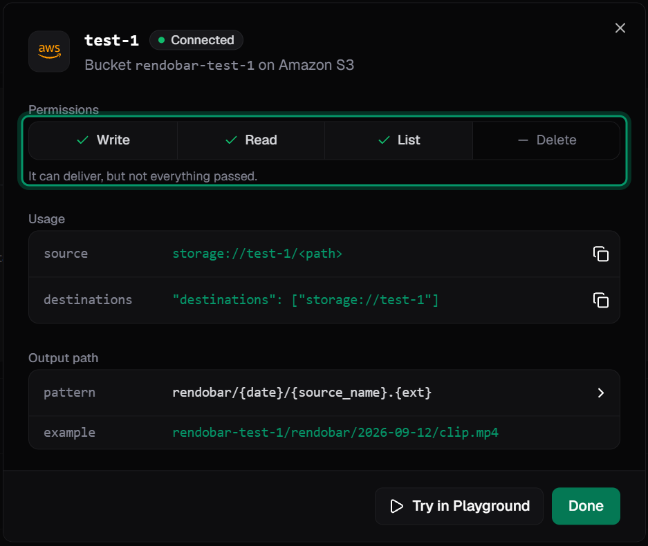 The finished connection test-1 for bucket rendobar-test-1 on Amazon S3. Write, Read and List passed, and Delete is shown as not performed. Below are the storage references to use in jobs and the output path pattern.