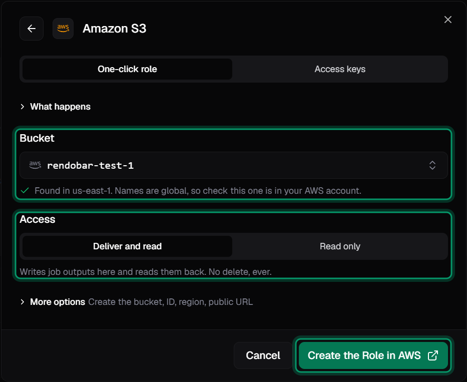 The Amazon S3 connect dialog with One-click role selected. The bucket rendobar-test-1 was found in us-east-1, access is set to Deliver and read with the note Writes job outputs here and reads them back, no delete, ever, and the button reads Create the Role in AWS.