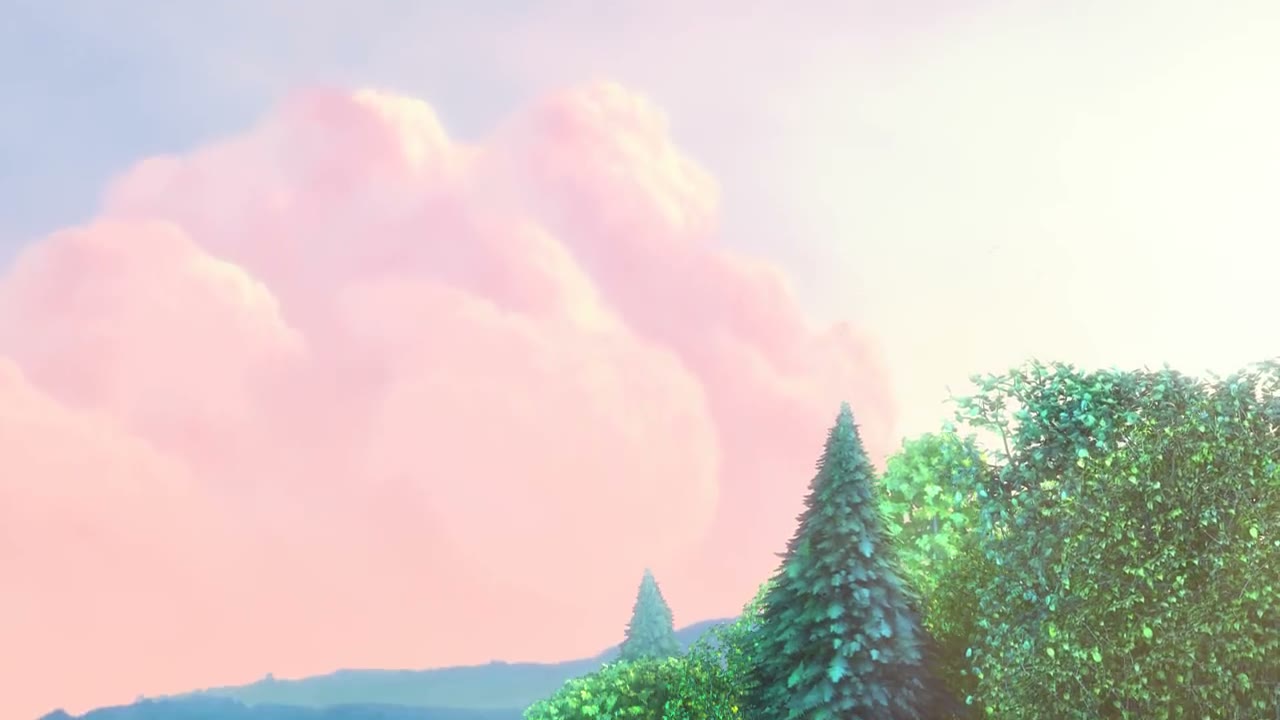 The frame the thumbnail filter chose. Pink clouds in a pale sky with a large evergreen tree and dense green foliage in the lower right, and a hill line along the bottom.